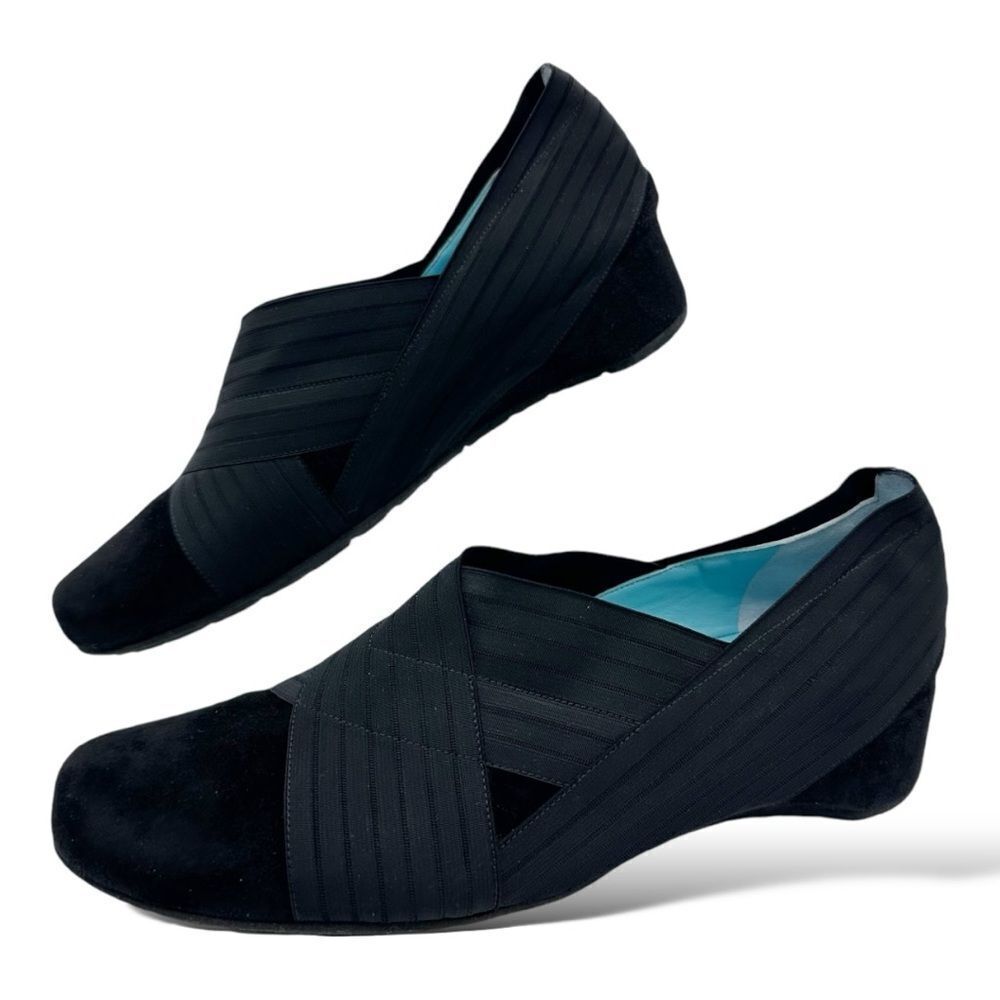 Women’s THIERRY RABOTIN Black Suede Cross Over Ribbon Wedge Shoes, Size 40 9.5US